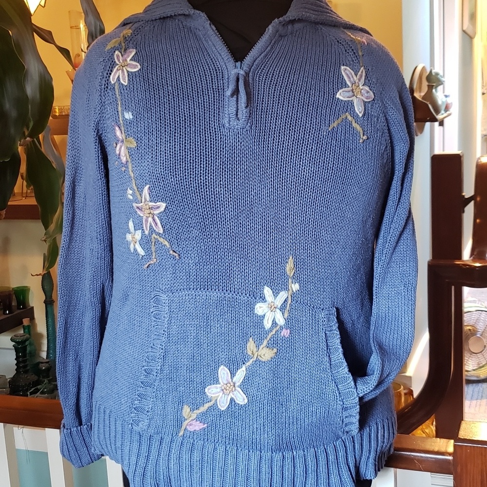 Victoria Jones Womens Blue Floral Quarter Zip Sweater